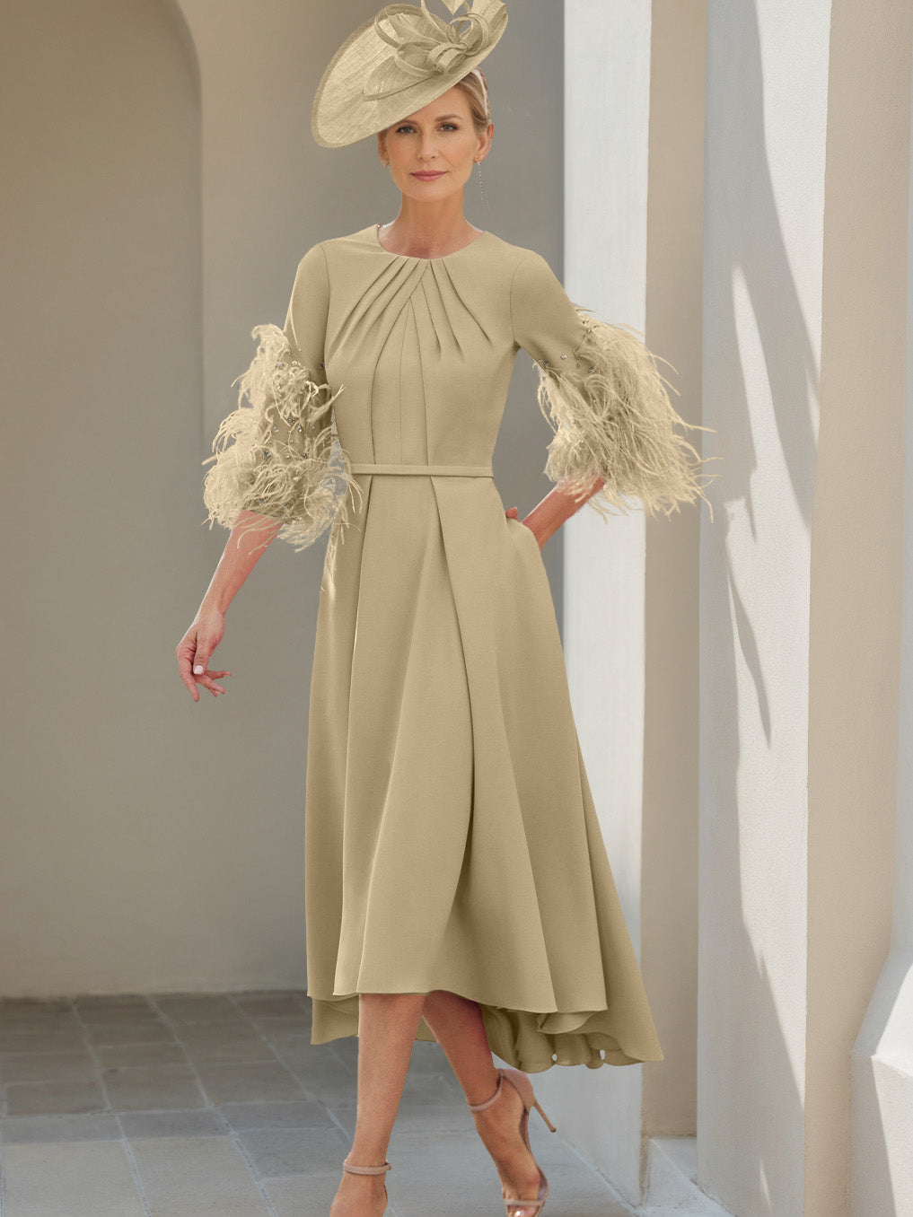 A-Line/Princess Scoop Half Sleeves Tea-Length Mother Of The Bride Dresses With Feathers