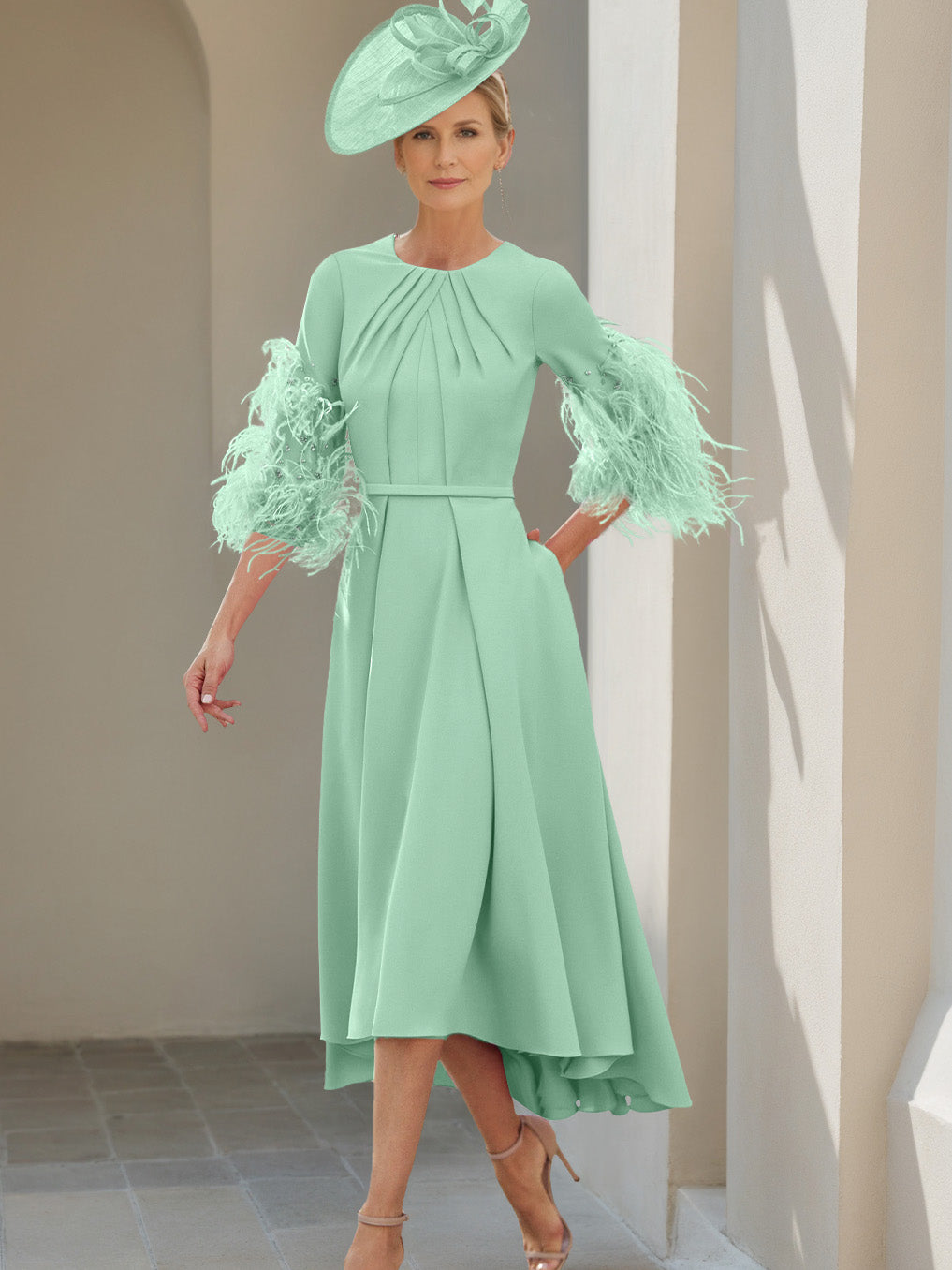 A-Line/Princess Scoop Half Sleeves Tea-Length Mother Of The Bride Dresses With Feathers