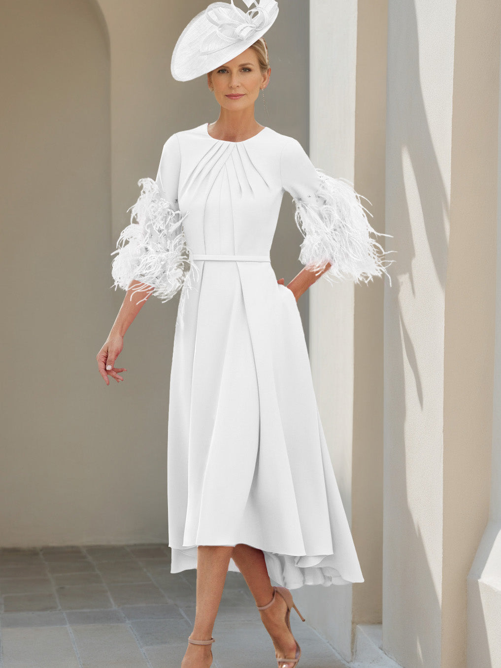 A-Line/Princess Scoop Half Sleeves Tea-Length Mother Of The Bride Dresses With Feathers