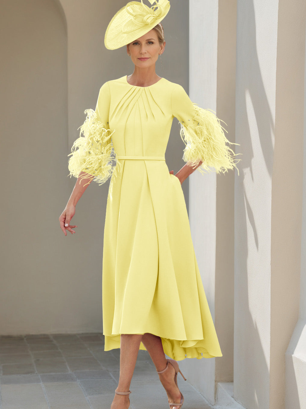 A-Line/Princess Scoop Half Sleeves Tea-Length Mother Of The Bride Dresses With Feathers