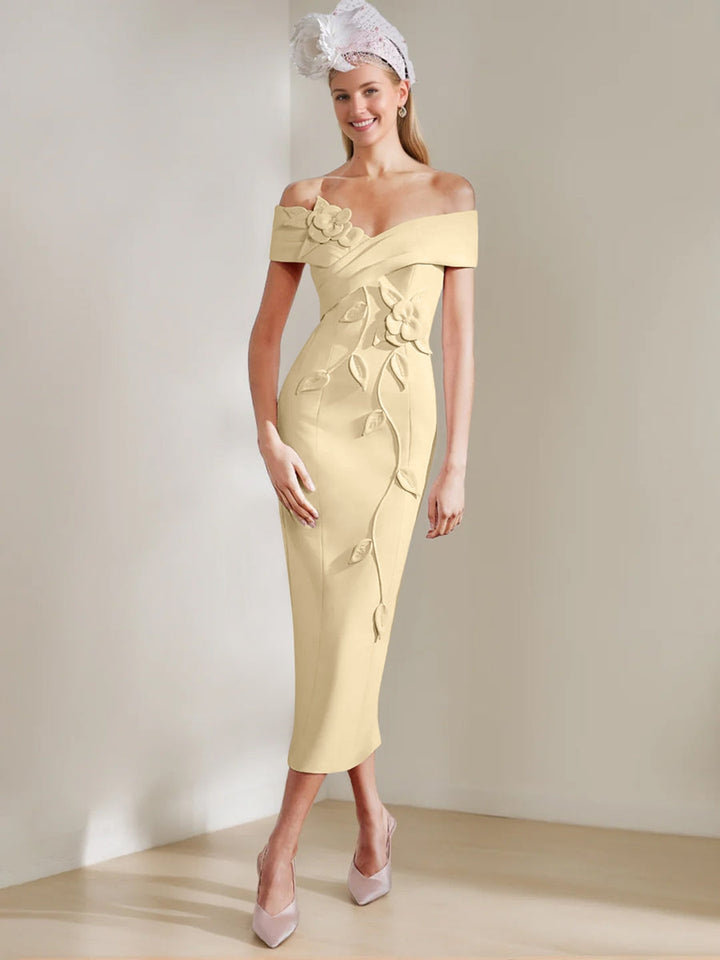 Sheath/Column Off-the-shoulder Tea-Length Mother of the Bride Dresses with 3D Flowers