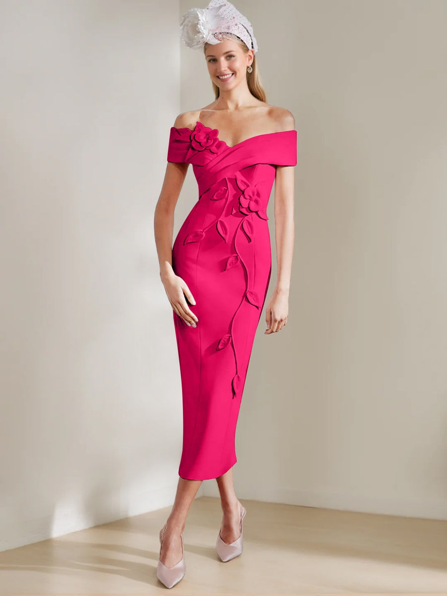 Sheath/Column Off-the-shoulder Tea-Length Mother of the Bride Dresses with 3D Flowers