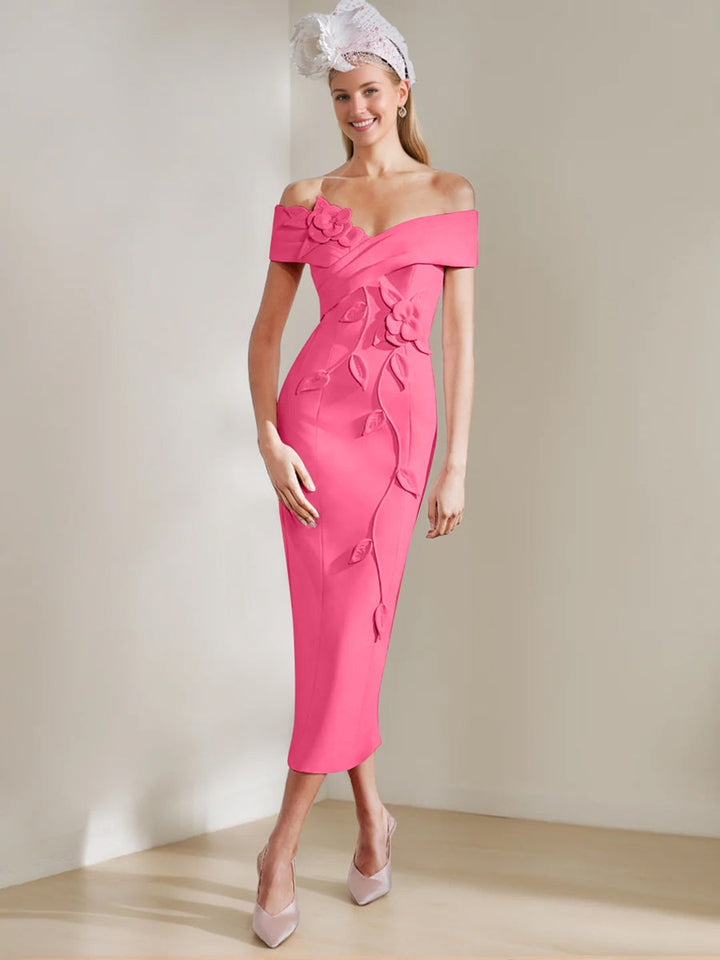 Sheath/Column Off-the-shoulder Tea-Length Mother of the Bride Dresses with 3D Flowers
