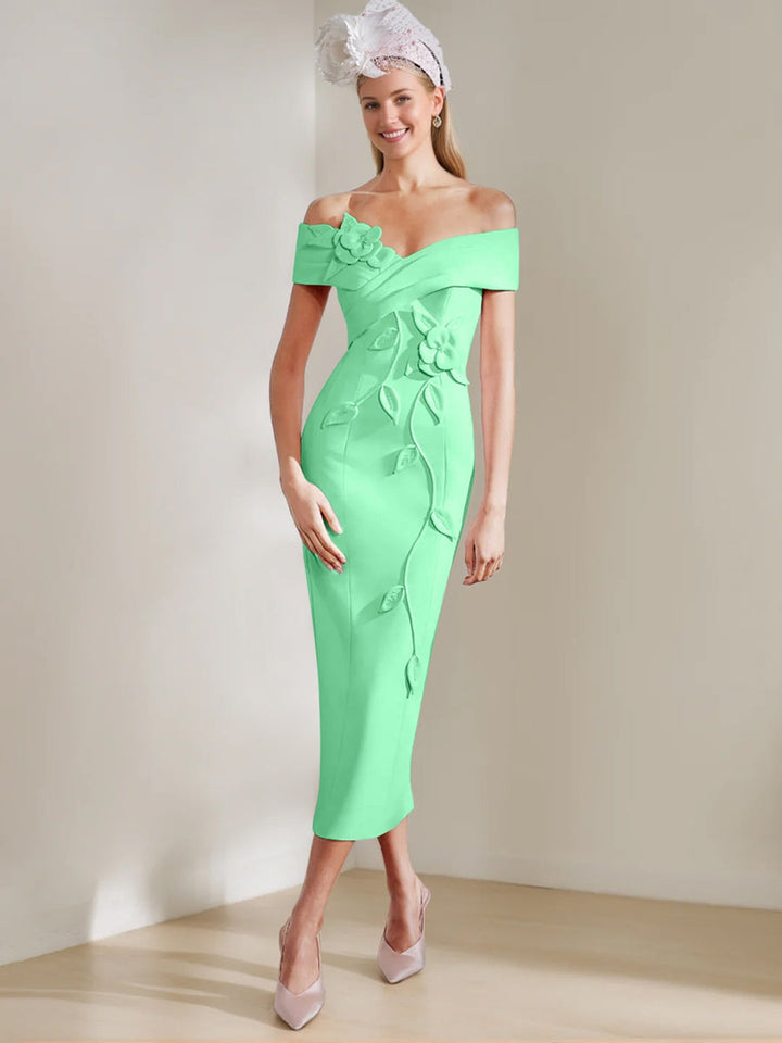 Sheath/Column Off-the-shoulder Tea-Length Mother of the Bride Dresses with 3D Flowers