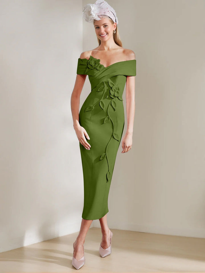 Sheath/Column Off-the-shoulder Tea-Length Mother of the Bride Dresses with 3D Flowers