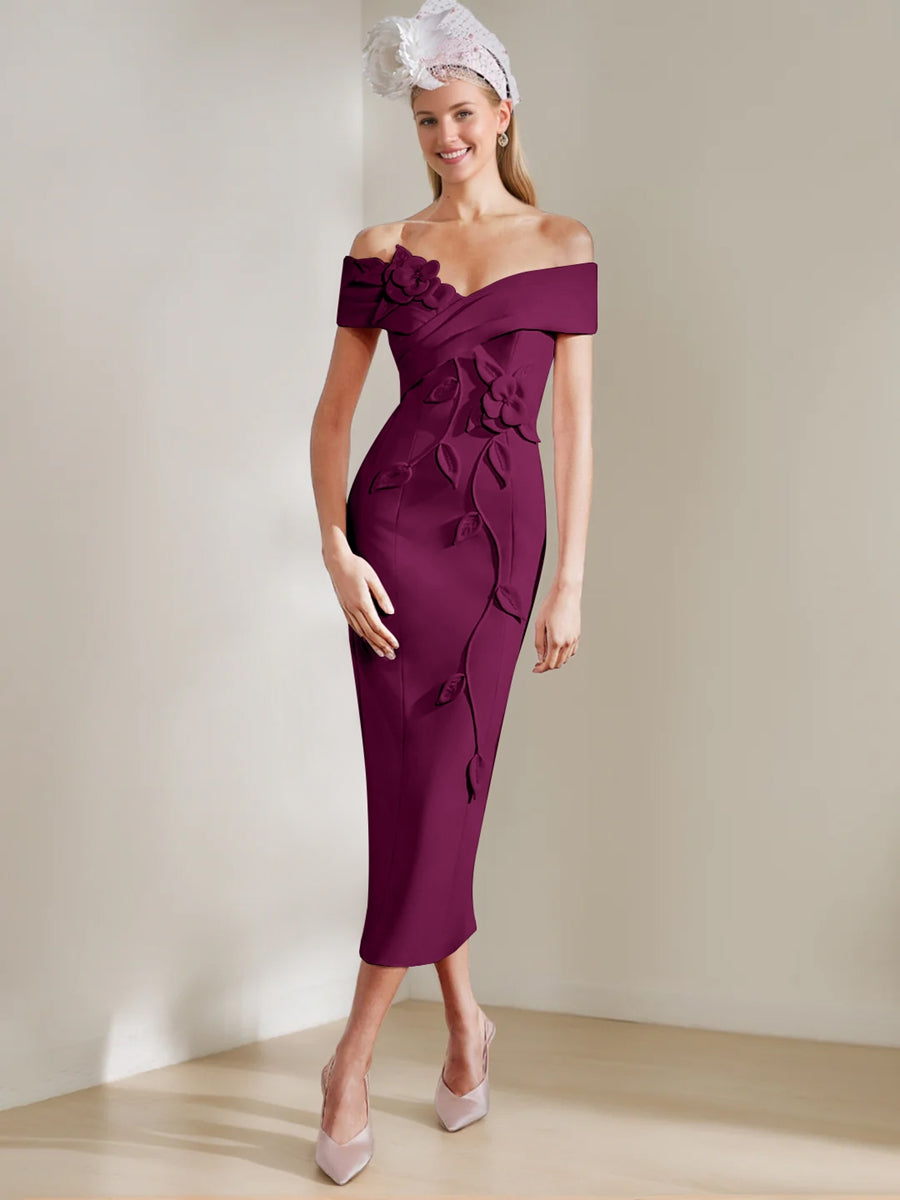 Sheath/Column Off-the-shoulder Tea-Length Mother of the Bride Dresses with 3D Flowers