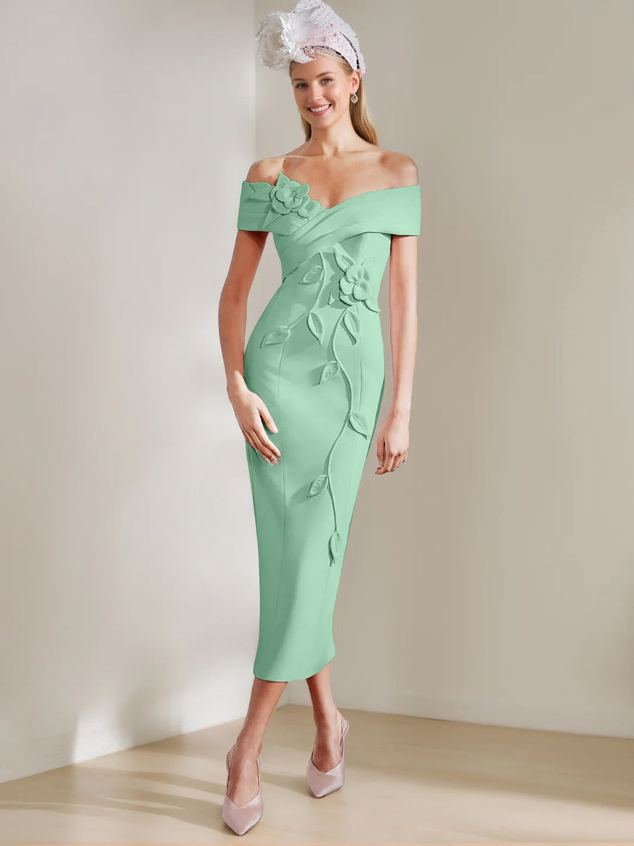 Sheath/Column Off-the-shoulder Tea-Length Mother of the Bride Dresses with 3D Flowers