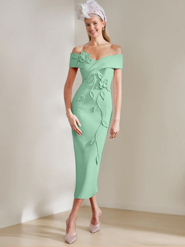 Sheath/Column Off-the-shoulder Tea-Length Mother of the Bride Dresses with 3D Flowers