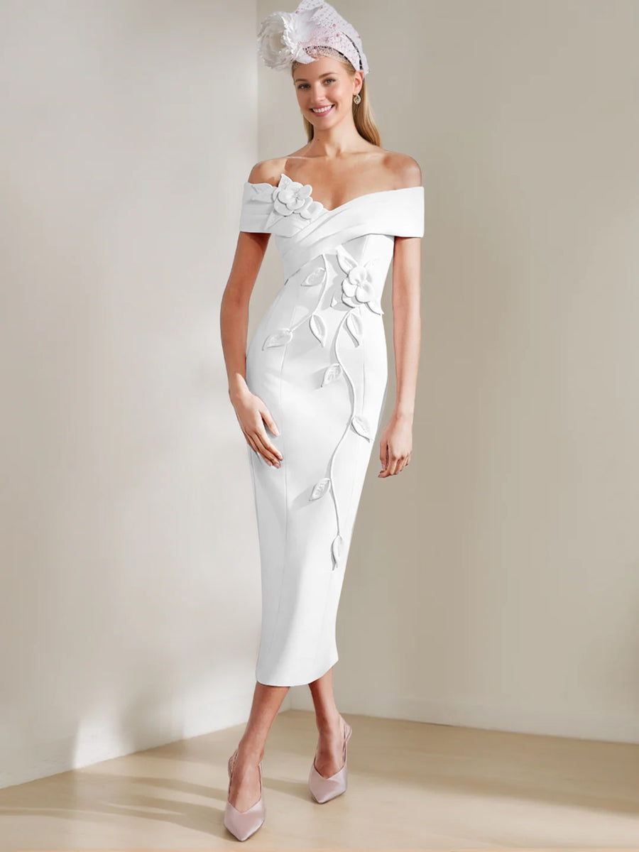 Sheath/Column Off-the-shoulder Tea-Length Mother of the Bride Dresses with 3D Flowers