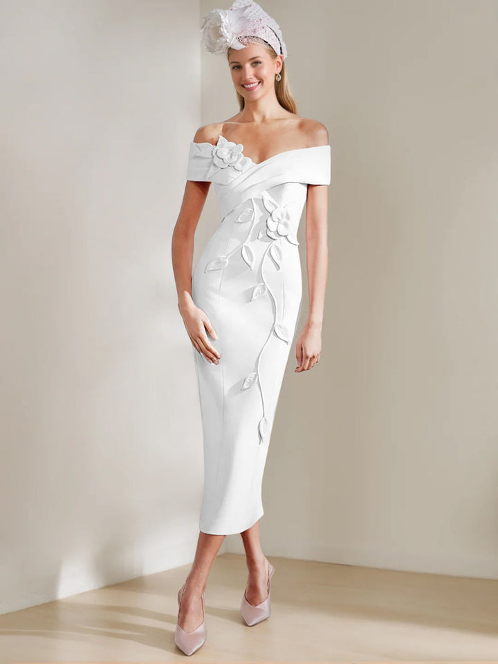 Sheath/Column Off-the-shoulder Tea-Length Mother of the Bride Dresses with 3D Flowers