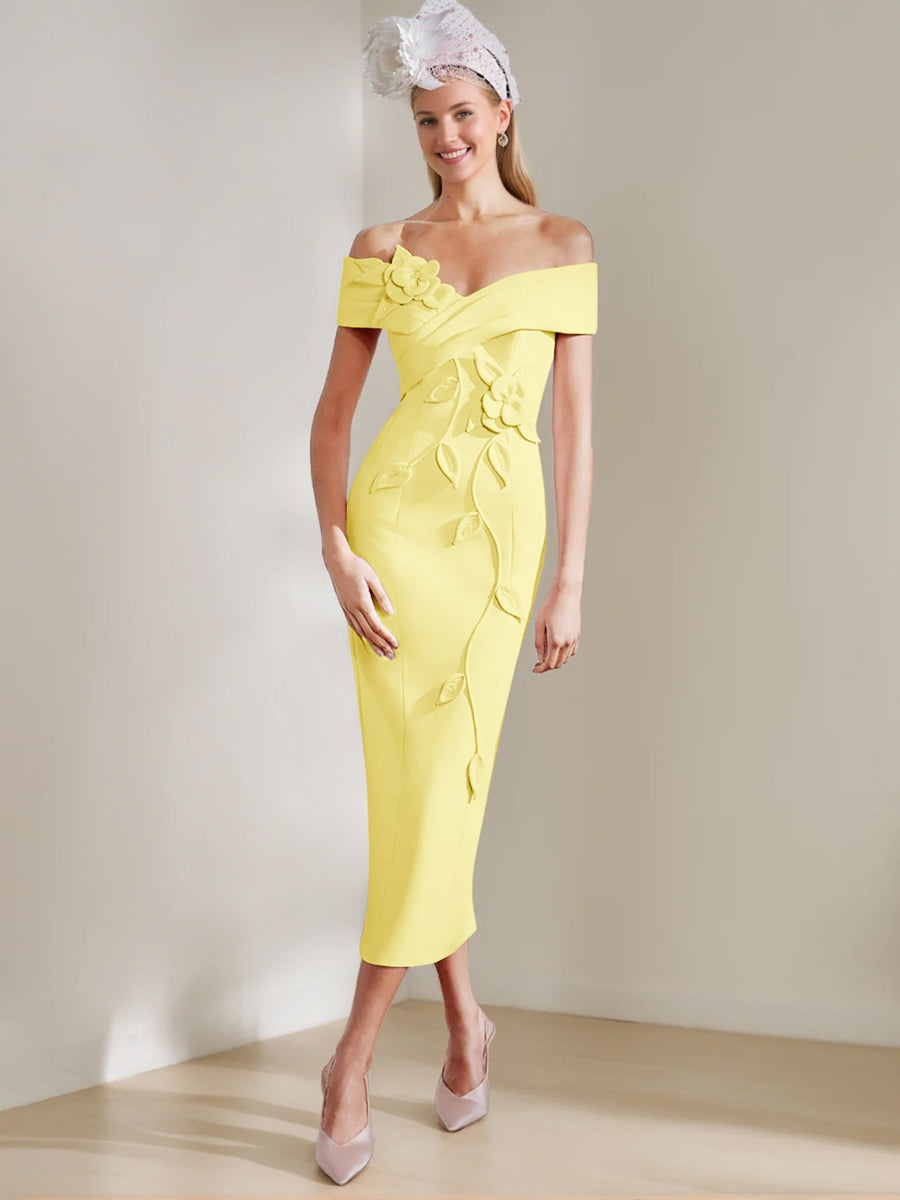 Sheath/Column Off-the-shoulder Tea-Length Mother of the Bride Dresses with 3D Flowers