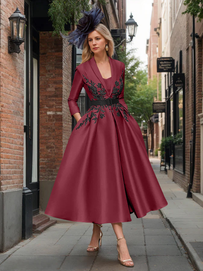 A-Line/Princess Plunge V-Neck 3/4 Sleeves Ankle-Length Pleated Mother of the Bride Dresses with Appliques & Belt