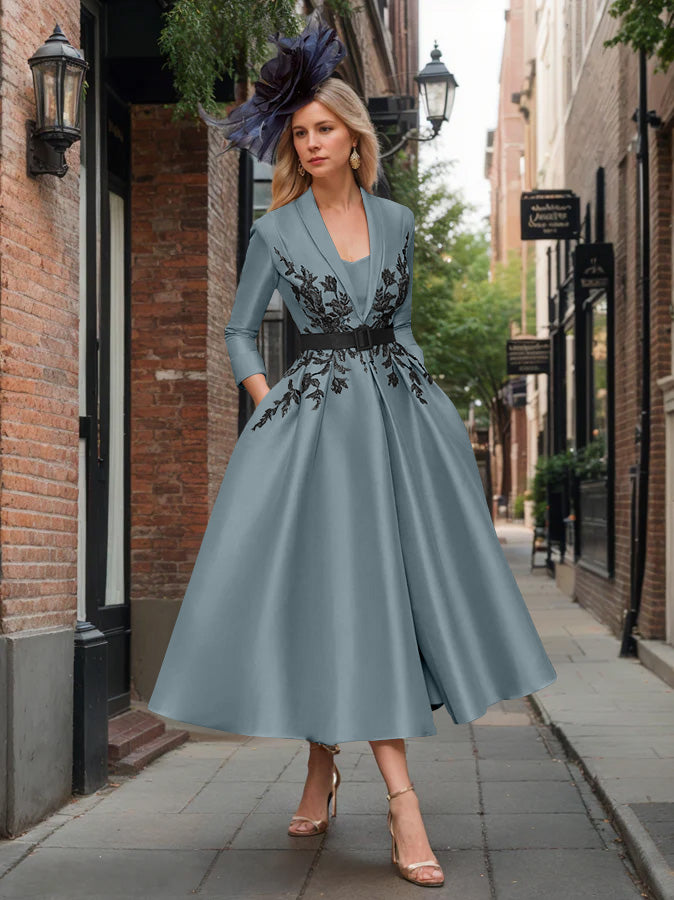 A-Line/Princess Plunge V-Neck 3/4 Sleeves Ankle-Length Pleated Mother of the Bride Dresses with Appliques & Belt