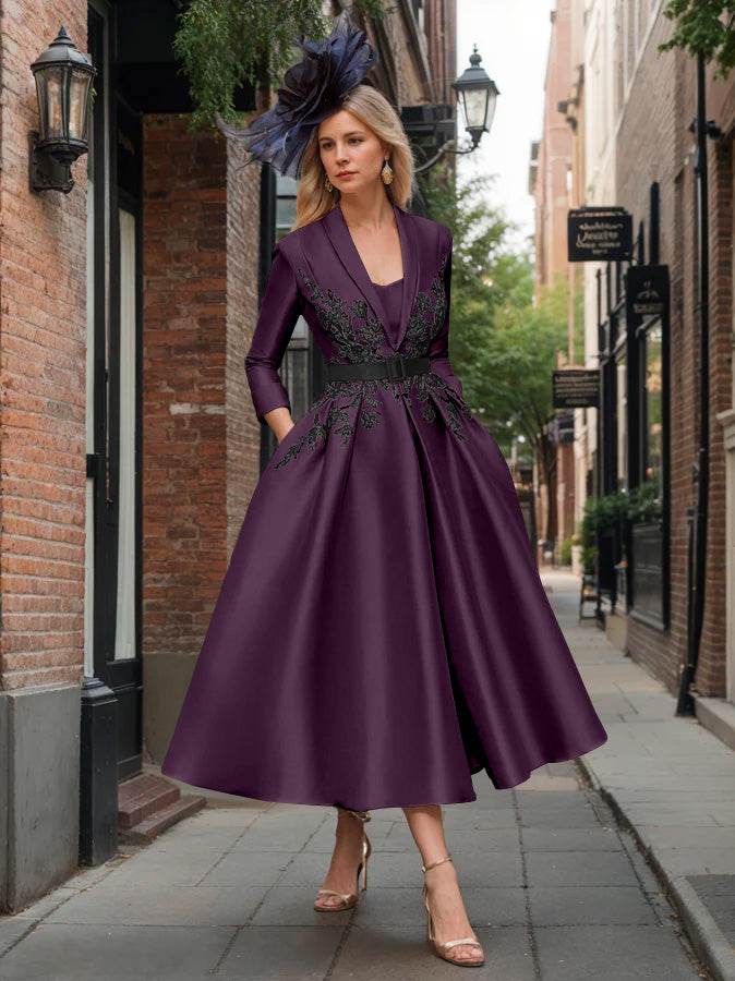 A-Line/Princess Plunge V-Neck 3/4 Sleeves Ankle-Length Pleated Mother of the Bride Dresses with Appliques & Belt