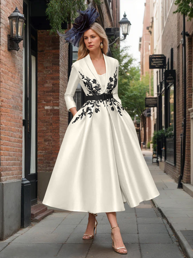 A-Line/Princess Plunge V-Neck 3/4 Sleeves Ankle-Length Pleated Mother of the Bride Dresses with Appliques & Belt