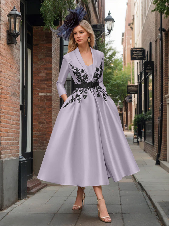 A-Line/Princess Plunge V-Neck 3/4 Sleeves Ankle-Length Pleated Mother of the Bride Dresses with Appliques & Belt