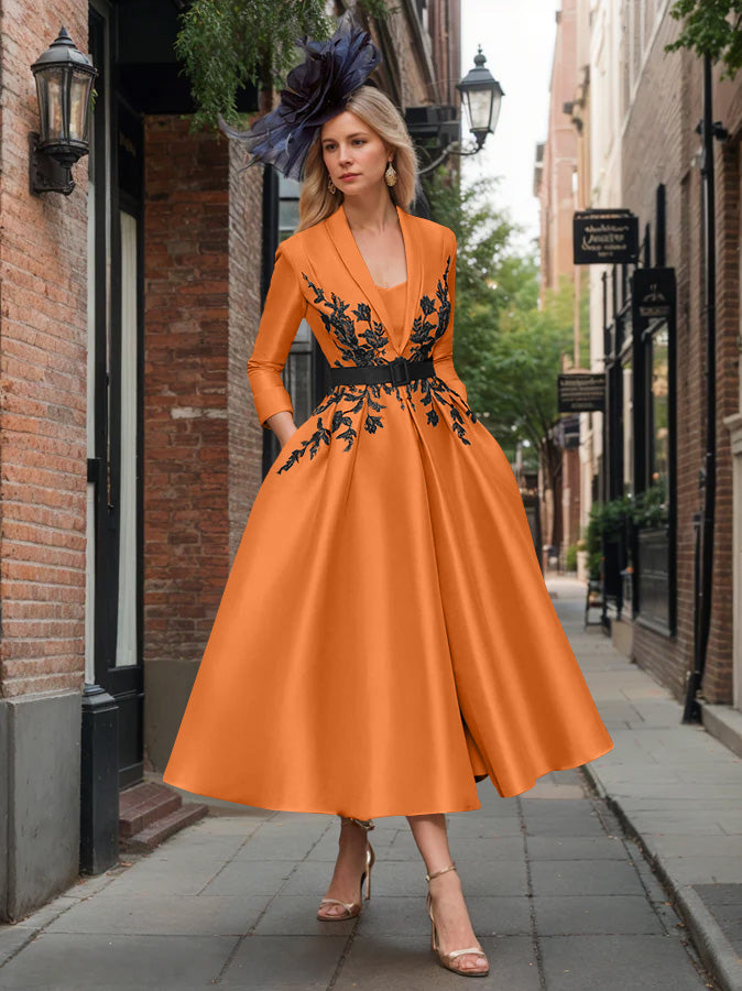 A-Line/Princess Plunge V-Neck 3/4 Sleeves Ankle-Length Pleated Mother of the Bride Dresses with Appliques & Belt