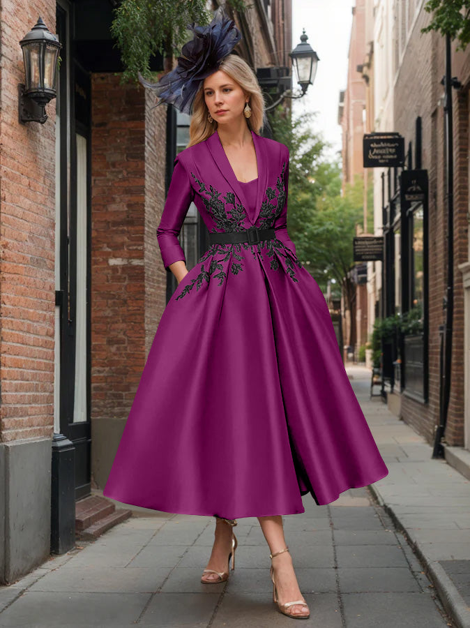 A-Line/Princess Plunge V-Neck 3/4 Sleeves Ankle-Length Pleated Mother of the Bride Dresses with Appliques & Belt