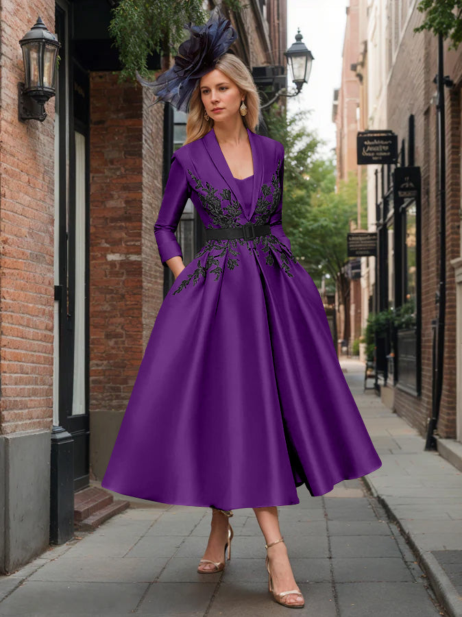 A-Line/Princess Plunge V-Neck 3/4 Sleeves Ankle-Length Pleated Mother of the Bride Dresses with Appliques & Belt