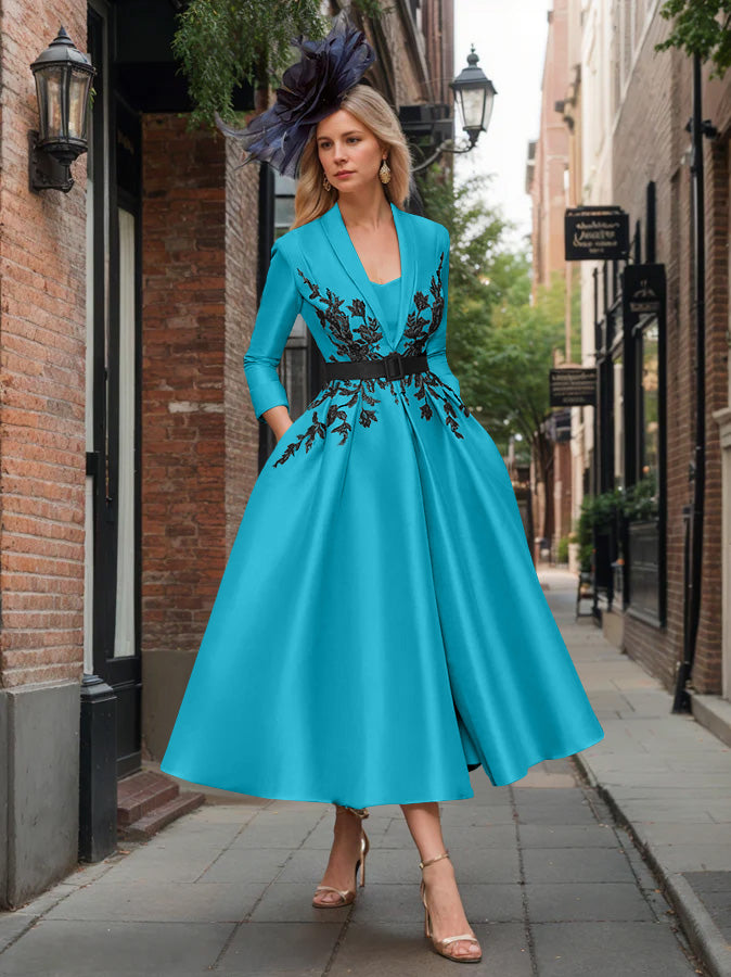A-Line/Princess Plunge V-Neck 3/4 Sleeves Ankle-Length Pleated Mother of the Bride Dresses with Appliques & Belt
