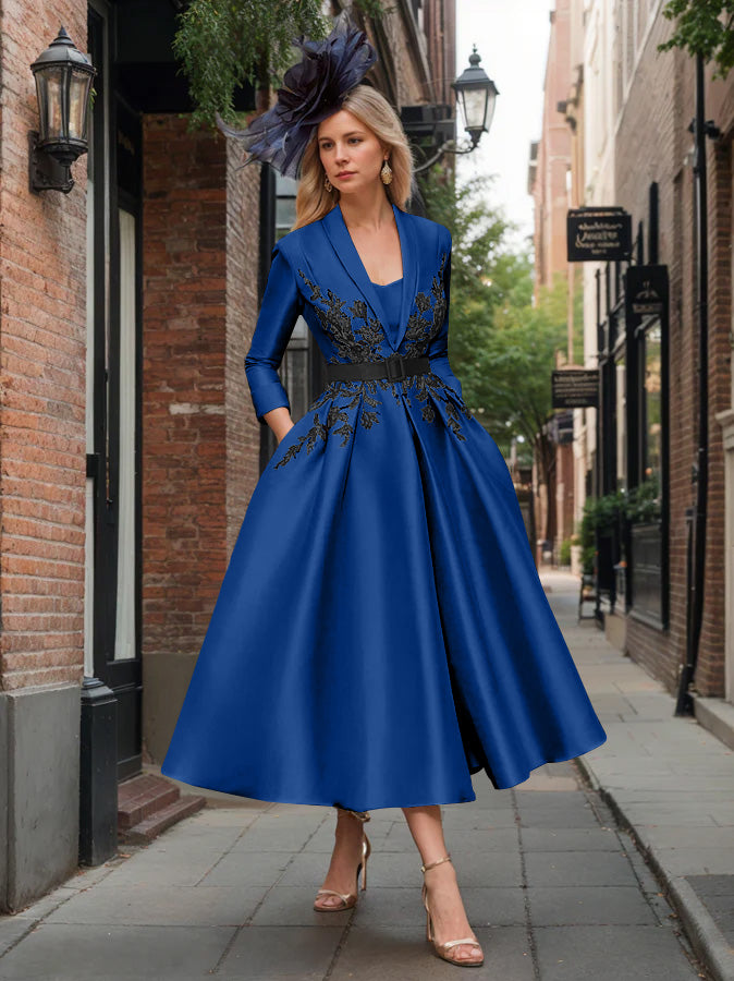 A-Line/Princess Plunge V-Neck 3/4 Sleeves Ankle-Length Pleated Mother of the Bride Dresses with Appliques & Belt