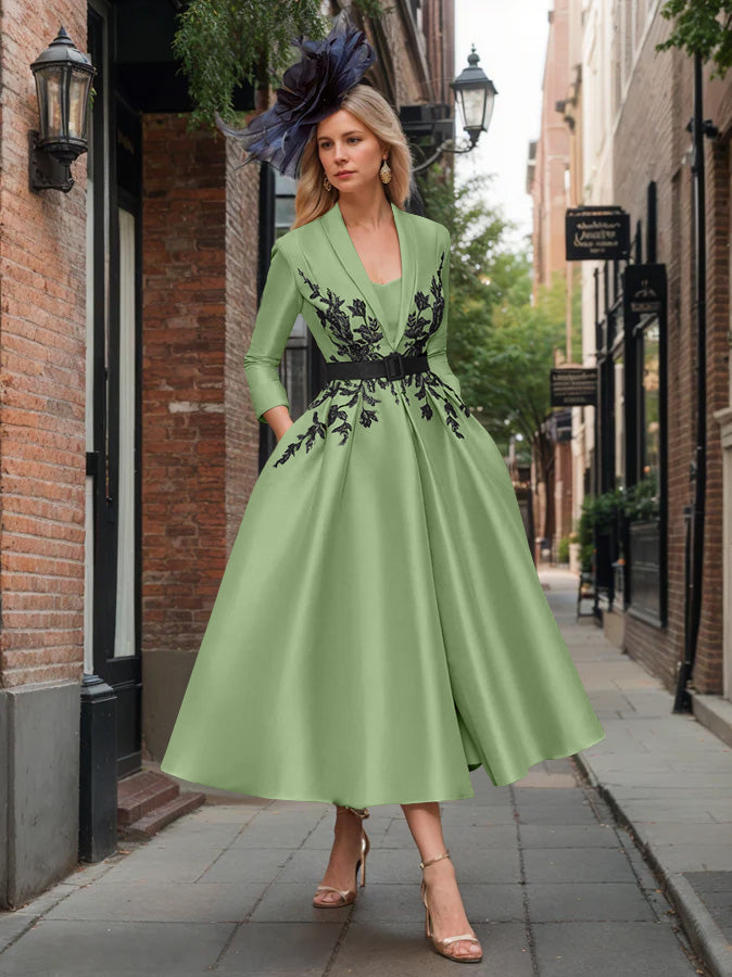 A-Line/Princess Plunge V-Neck 3/4 Sleeves Ankle-Length Pleated Mother of the Bride Dresses with Appliques & Belt