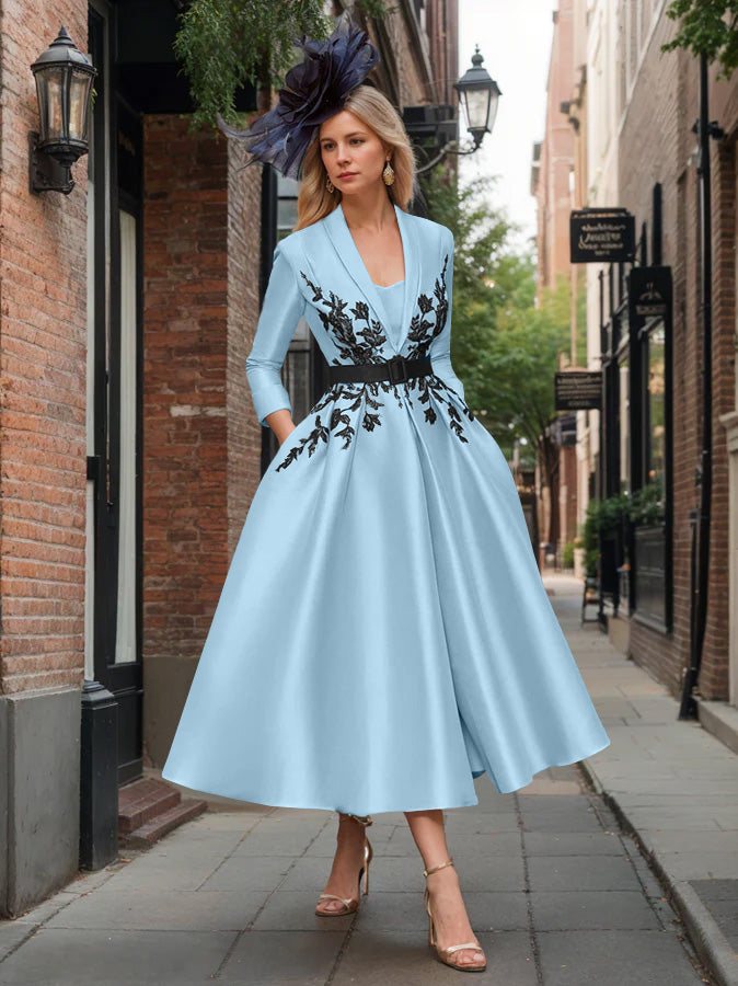 A-Line/Princess Plunge V-Neck 3/4 Sleeves Ankle-Length Pleated Mother of the Bride Dresses with Appliques & Belt