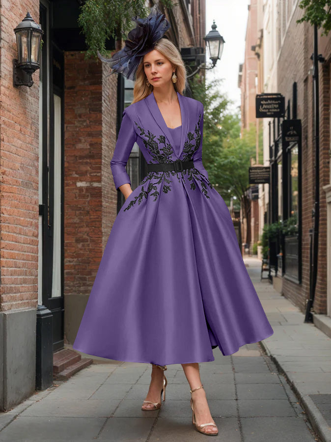 A-Line/Princess Plunge V-Neck 3/4 Sleeves Ankle-Length Pleated Mother of the Bride Dresses with Appliques & Belt