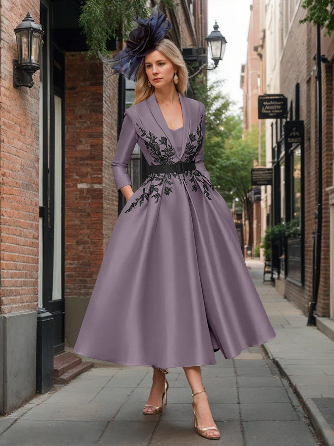 A-Line/Princess Plunge V-Neck 3/4 Sleeves Ankle-Length Pleated Mother of the Bride Dresses with Appliques & Belt