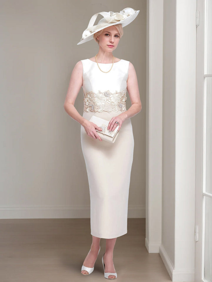 2 Pieces Round Neck Tea-Length Mother of the Bride Dresses with Jacket & Lace Appliques