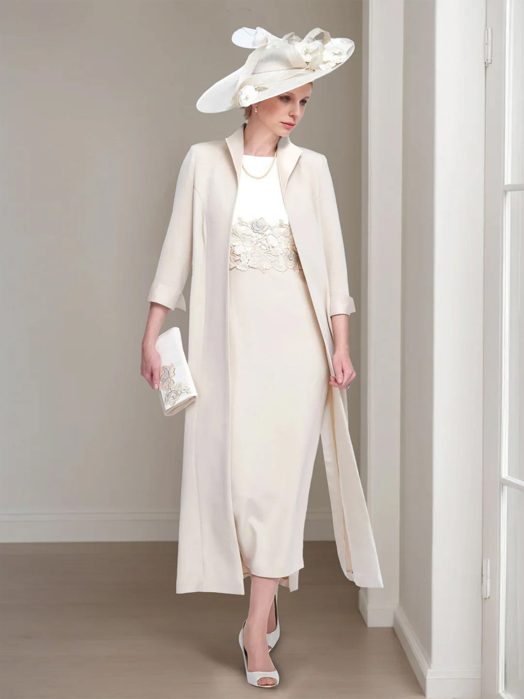 2 Pieces Round Neck Tea-Length Mother of the Bride Dresses with Jacket & Lace Appliques