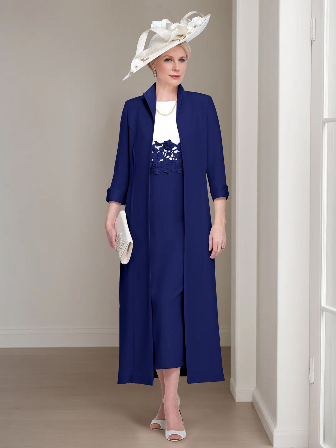 2 Pieces Round Neck Tea-Length Mother of the Bride Dresses with Jacket & Lace Appliques