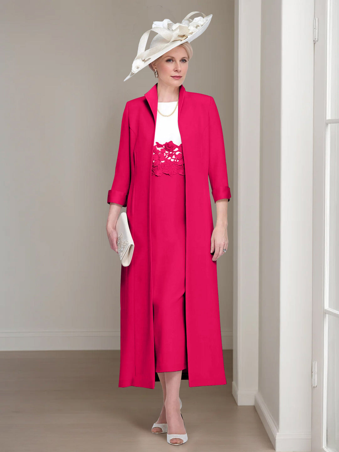 2 Pieces Round Neck Tea-Length Mother of the Bride Dresses with Jacket & Lace Appliques