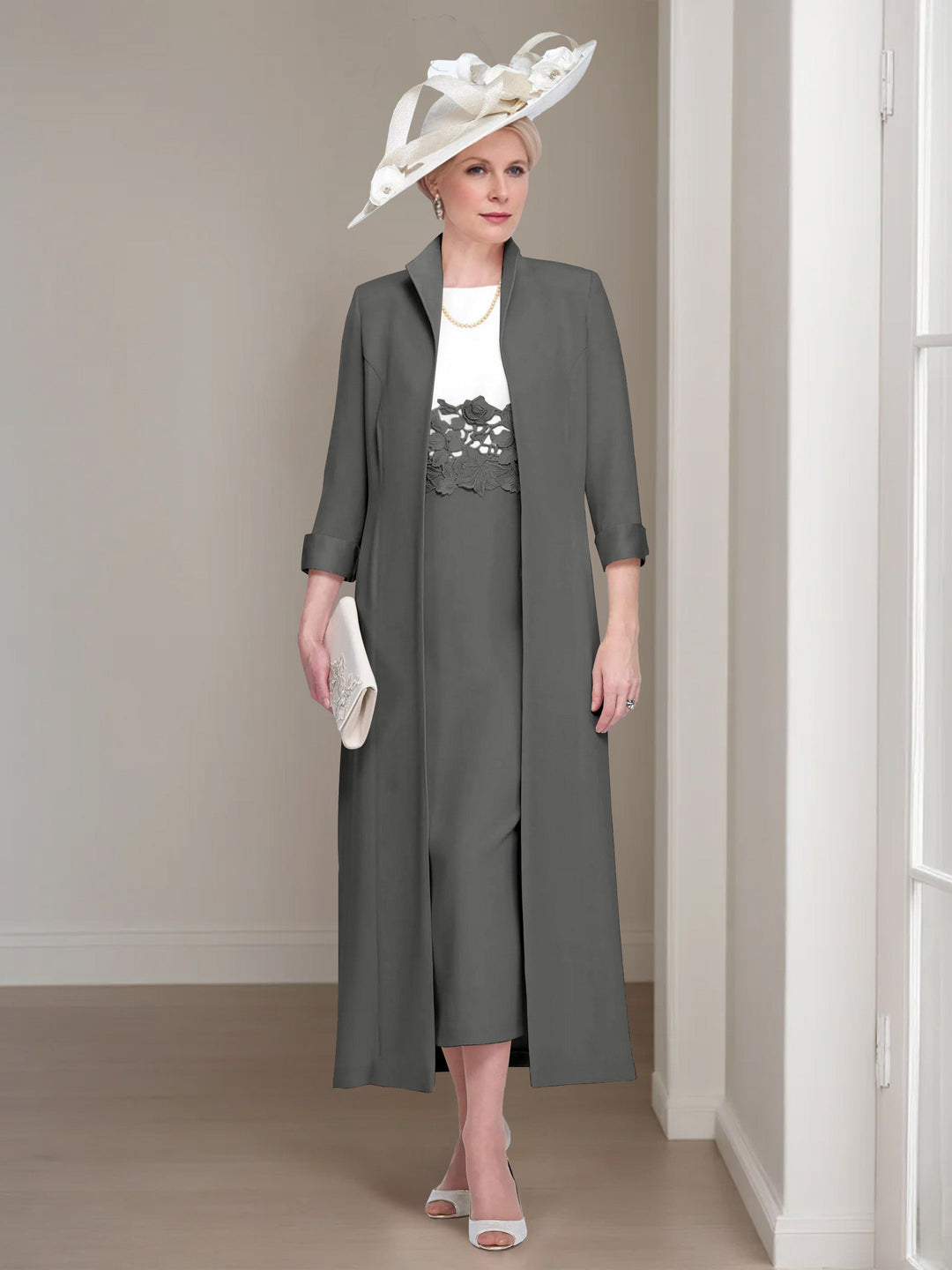 2 Pieces Round Neck Tea-Length Mother of the Bride Dresses with Jacket & Lace Appliques