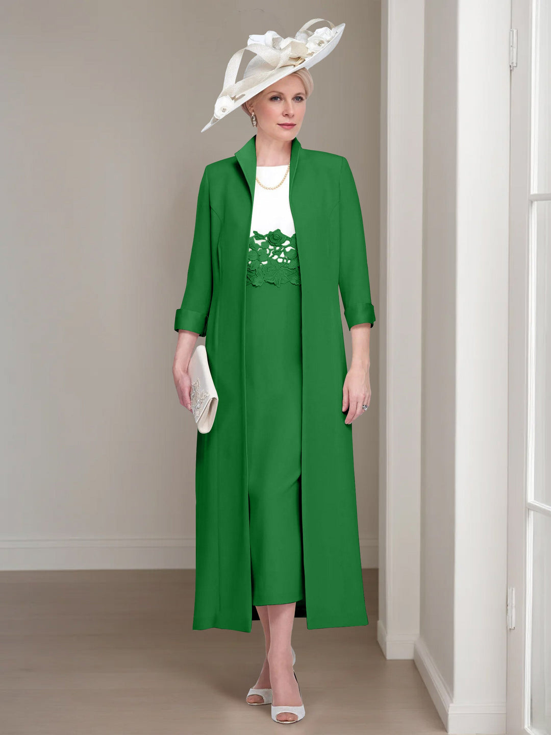 2 Pieces Round Neck Tea-Length Mother of the Bride Dresses with Jacket & Lace Appliques