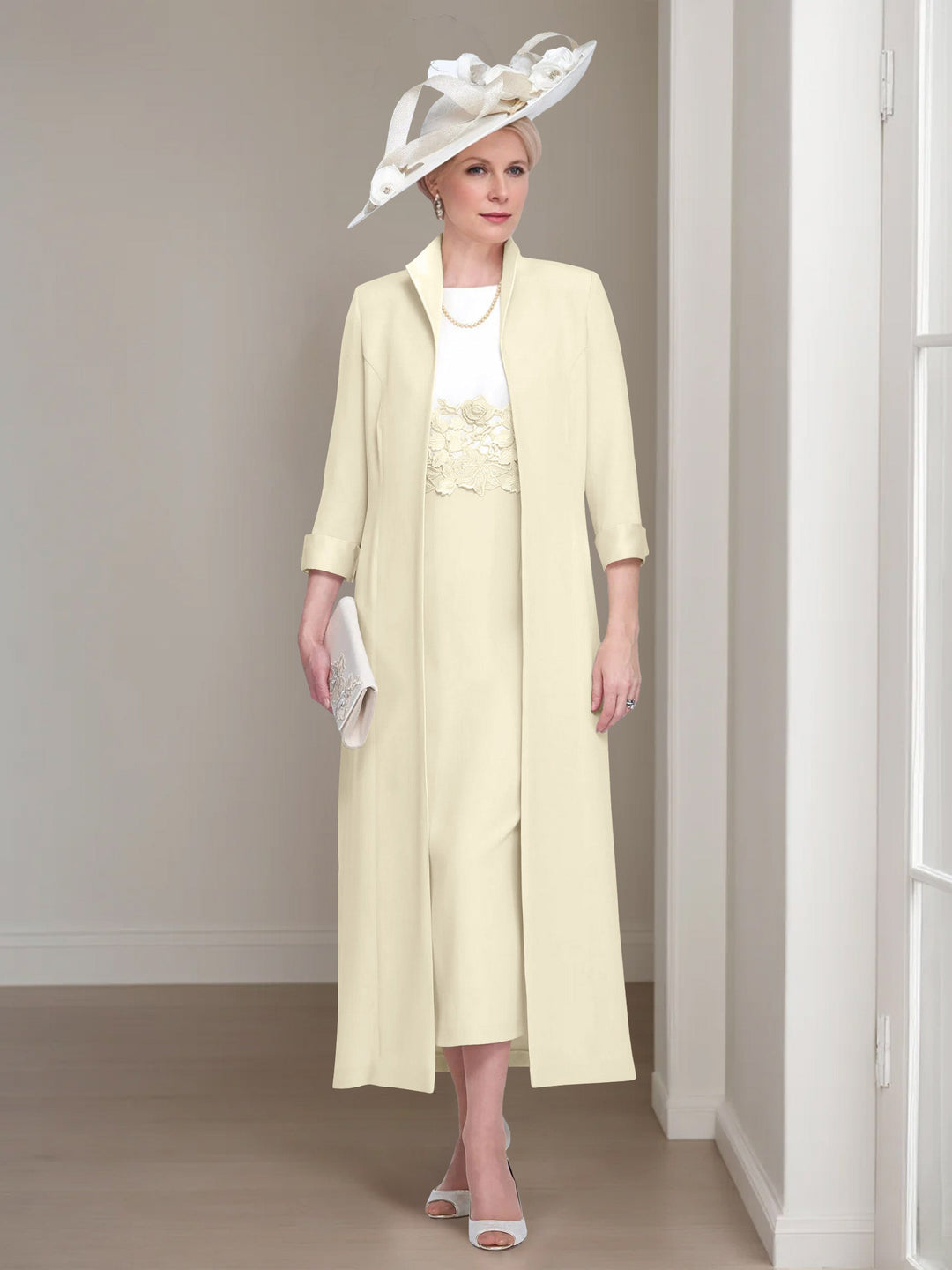 2 Pieces Round Neck Tea-Length Mother of the Bride Dresses with Jacket & Lace Appliques