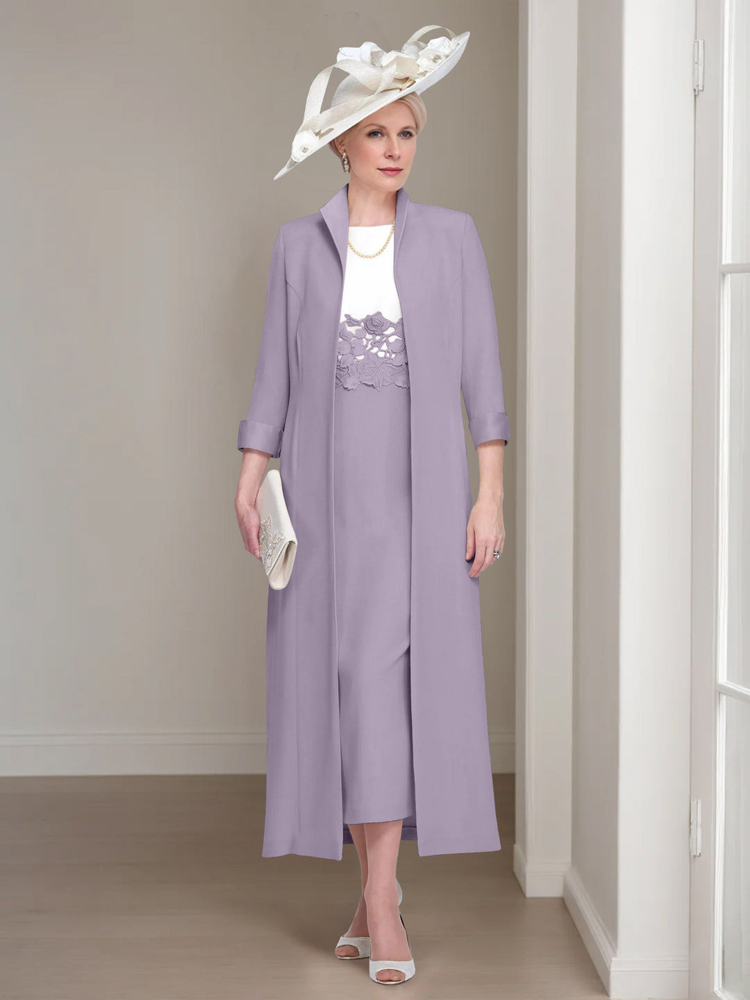 2 Pieces Round Neck Tea-Length Mother of the Bride Dresses with Jacket & Lace Appliques