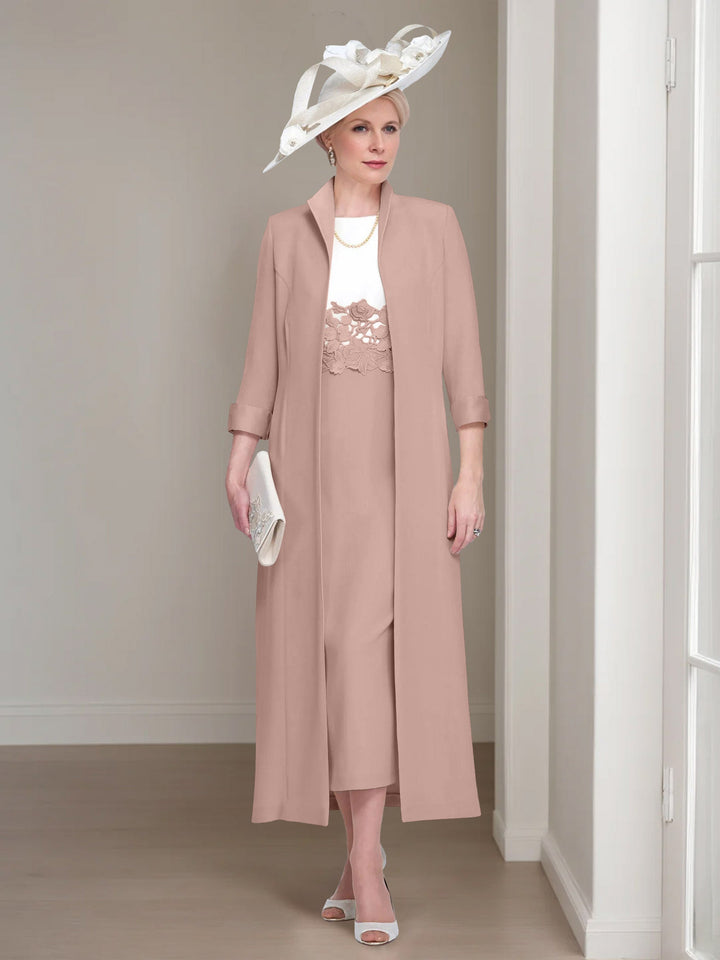 2 Pieces Round Neck Tea-Length Mother of the Bride Dresses with Jacket & Lace Appliques