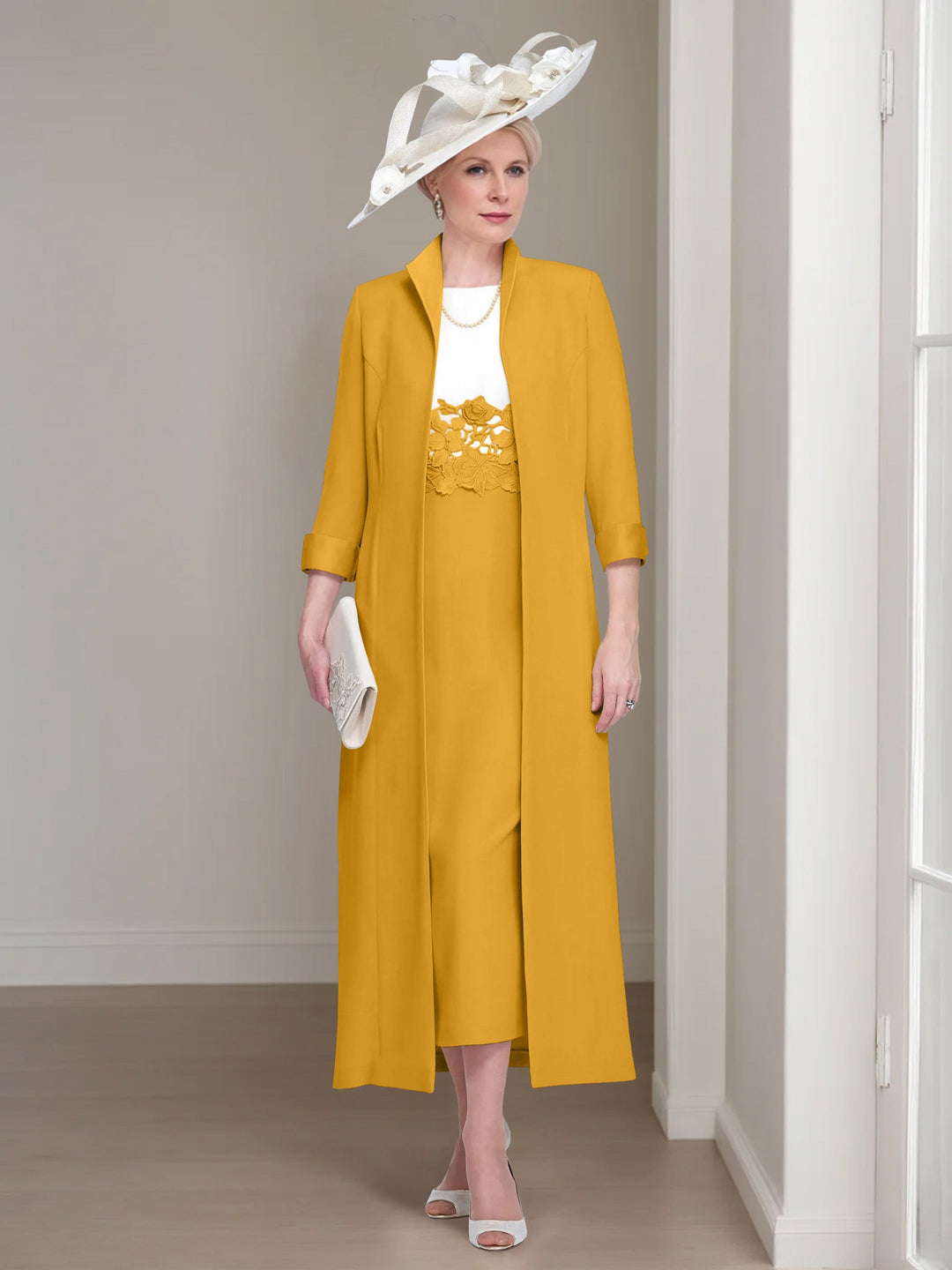 2 Pieces Round Neck Tea-Length Mother of the Bride Dresses with Jacket & Lace Appliques