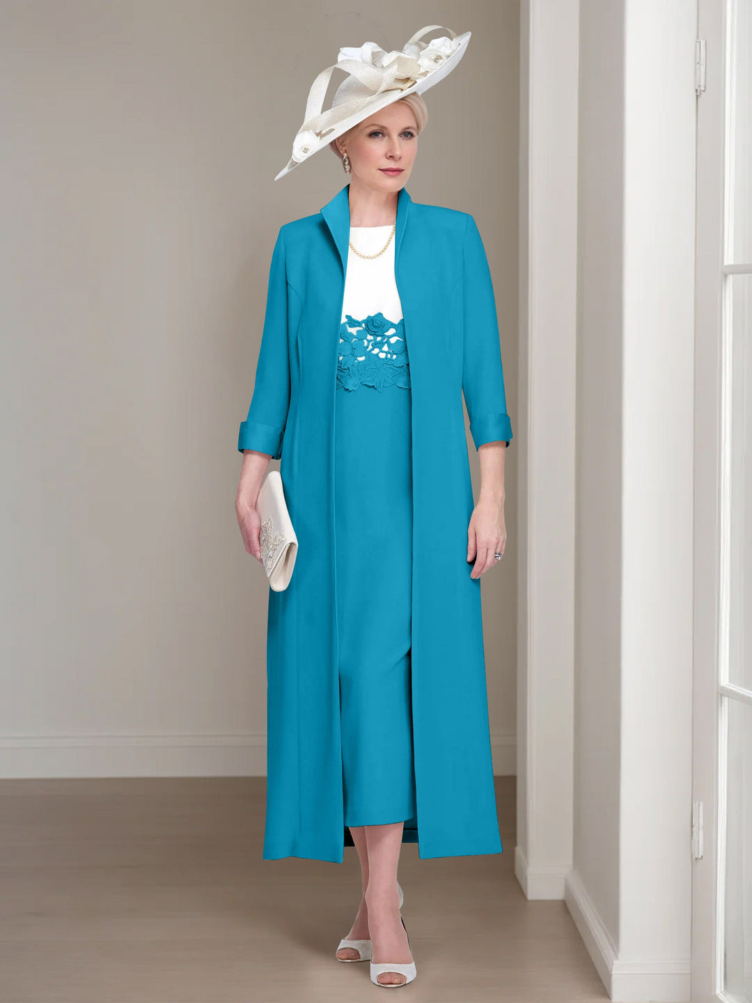 2 Pieces Round Neck Tea-Length Mother of the Bride Dresses with Jacket & Lace Appliques