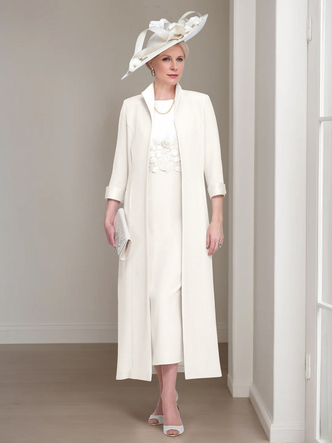 2 Pieces Round Neck Tea-Length Mother of the Bride Dresses with Jacket & Lace Appliques