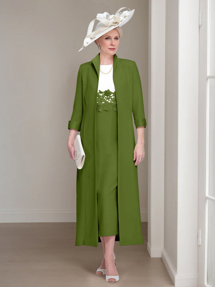 2 Pieces Round Neck Tea-Length Mother of the Bride Dresses with Jacket & Lace Appliques