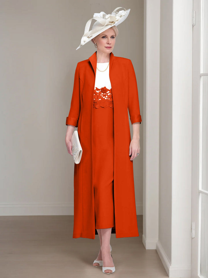 2 Pieces Round Neck Tea-Length Mother of the Bride Dresses with Jacket & Lace Appliques