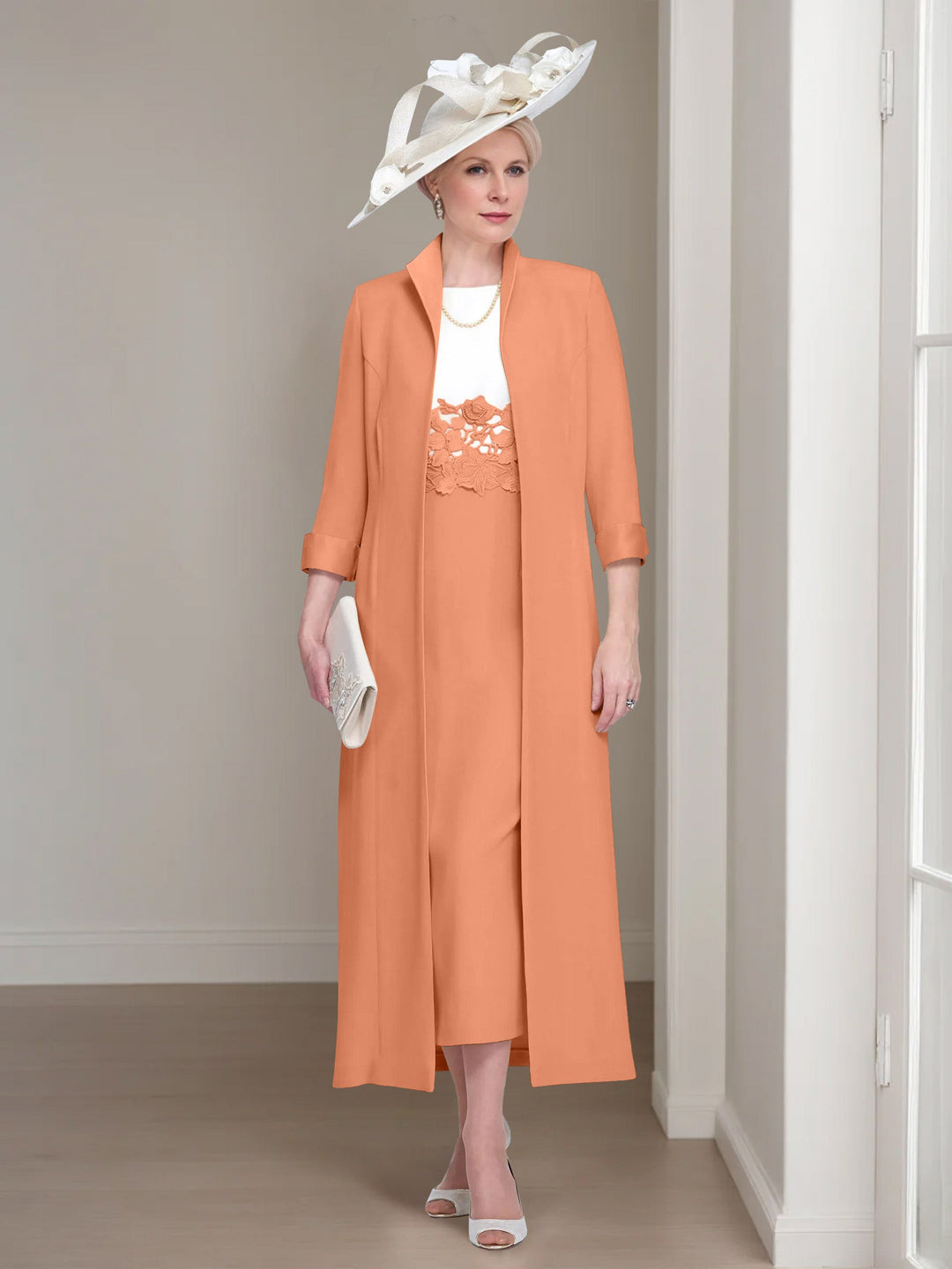 2 Pieces Round Neck Tea-Length Mother of the Bride Dresses with Jacket & Lace Appliques