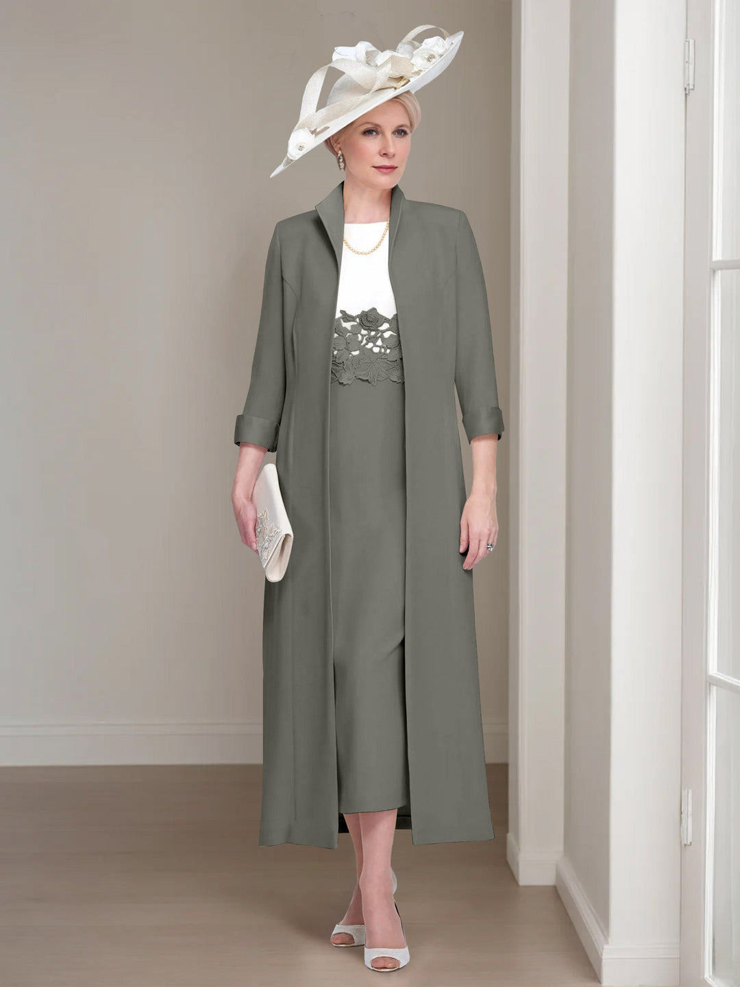 2 Pieces Round Neck Tea-Length Mother of the Bride Dresses with Jacket & Lace Appliques