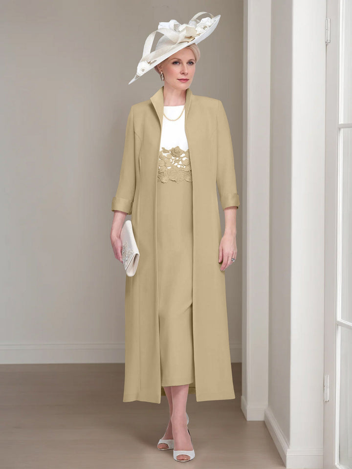 2 Pieces Round Neck Tea-Length Mother of the Bride Dresses with Jacket & Lace Appliques