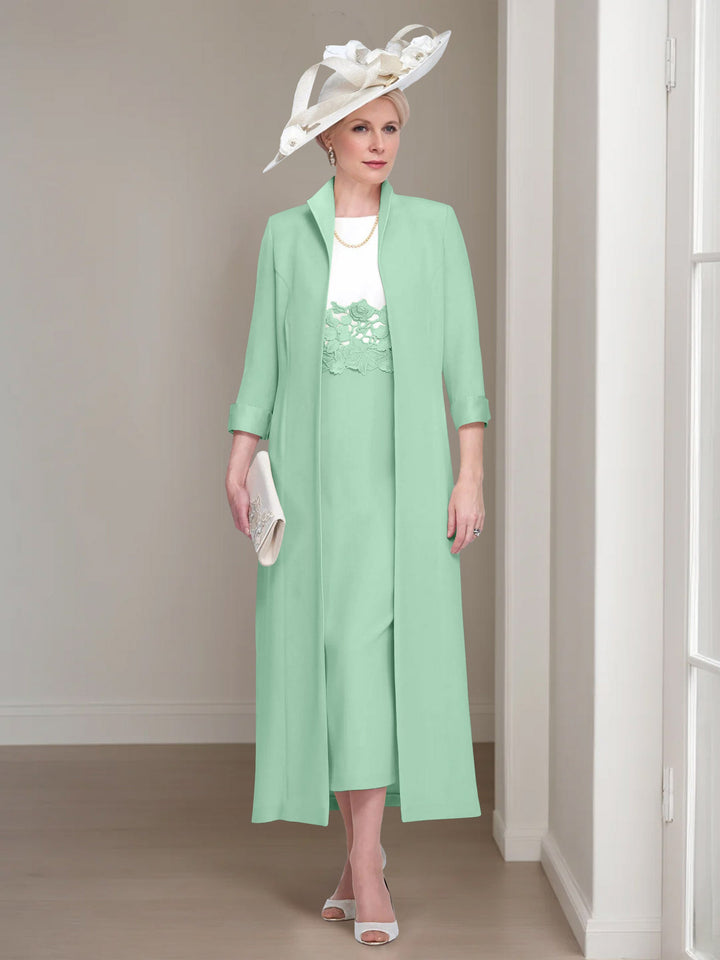 2 Pieces Round Neck Tea-Length Mother of the Bride Dresses with Jacket & Lace Appliques