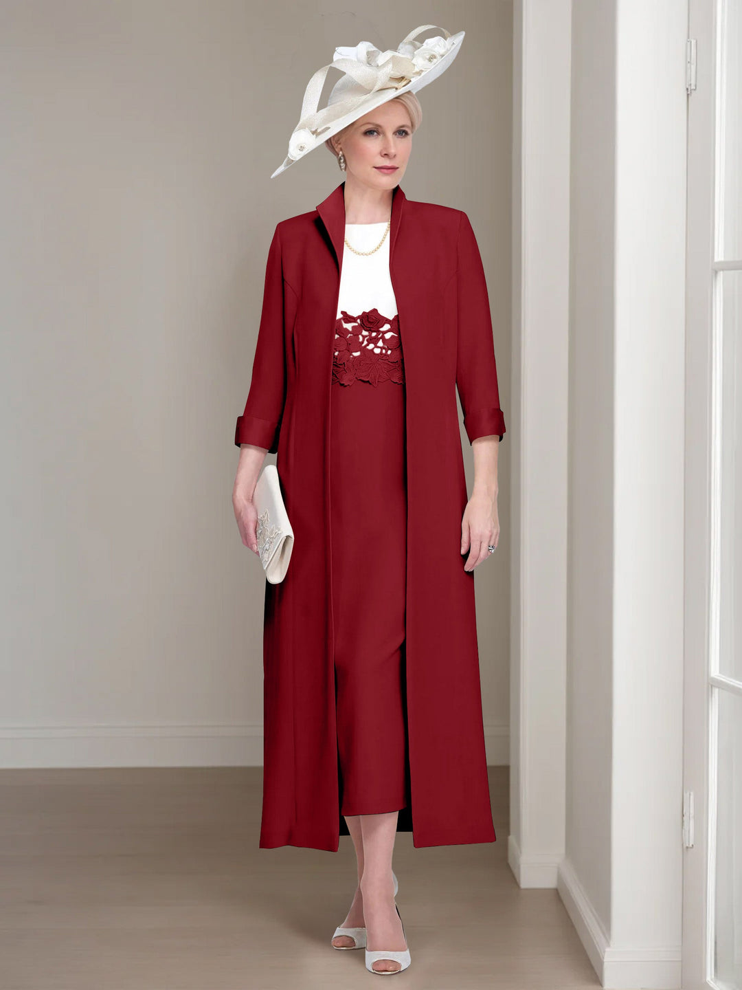 2 Pieces Round Neck Tea-Length Mother of the Bride Dresses with Jacket & Lace Appliques