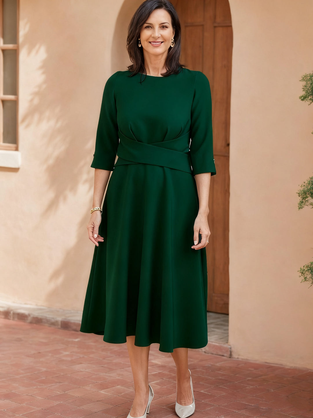 A-Line/Princess Scoop Neck 3/4 Sleeves Tea-Length Mother of the Bride Dresses with Ruffles