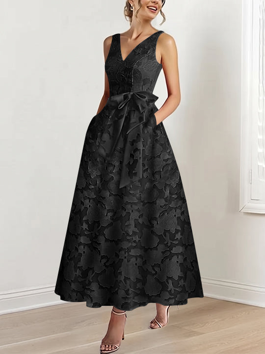 A-Line/Princess V-Neck Sleeveless Ankle-Length Rose Lace Applique Mother of the Bride Dresses with Pockets &amp; Ruffles